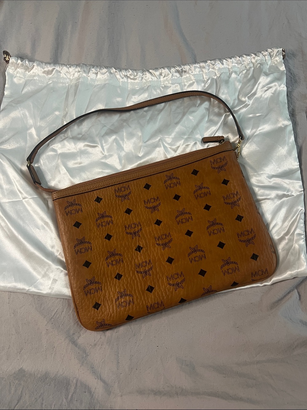 MCM Cognac Visetos Logo Shoulder Pouch